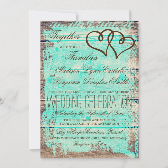 Rustic Double Hearts Aqua Wood Wedding Invites (Front)