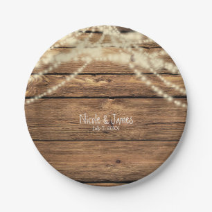 Rustic Dreamy Lights & Wood Rustic Wedding Paper Plate