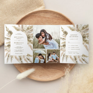 Rustic Dried Boho Pampas Grass Arch Photo Wedding Tri-Fold Invitation