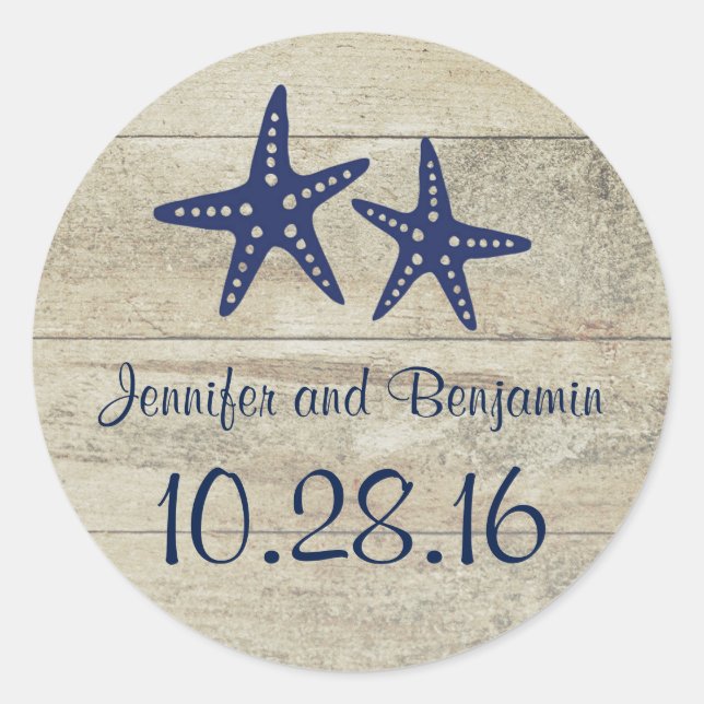 Rustic Driftwood Nautical Beach Navy Starfish Classic Round Sticker (Front)