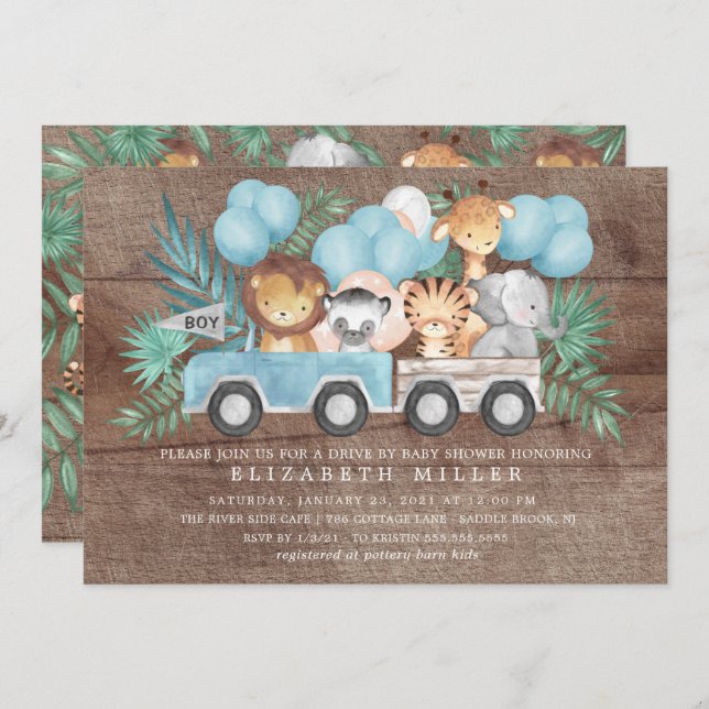 Rustic Drive By Jungle Animals Boys Baby Shower Invitation (Front/Back)