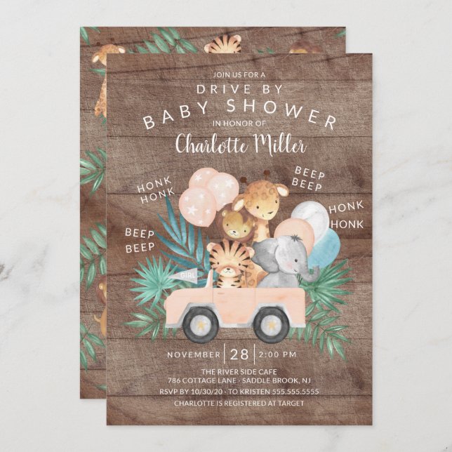 Rustic Drive By Jungle Animals Girls Baby Shower Invitation (Front/Back)