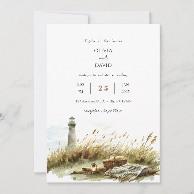 Rustic Dune Picnic and Lighthouse Beach Wedding  Invitation (Front)