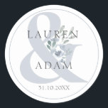 Rustic Dusty Blue Ampersand & Floral Wedding  Classic Round Sticker<br><div class="desc">Simple rustic wedding sticker,  featuring oversized ampersand with pretty dusty blue floral elements. Customise air your names and wedding date.</div>