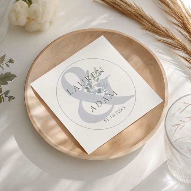 Rustic Dusty Blue Ampersand & Floral Wedding  Napkin (Creator Uploaded)