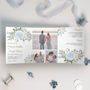 Rustic Dusty Blue and Ivory Floral Wedding Tri-Fold Invitation