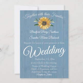 Rustic Dusty Blue Barn Wood Sunflower Wedding Invi Invitation