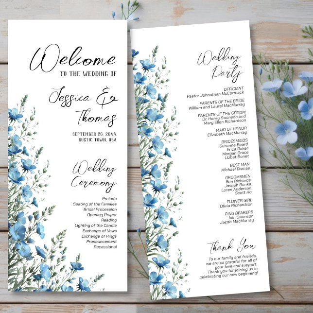 Rustic Dusty Blue Boho Chic Wildflowers Wedding Programme (Front/Back)