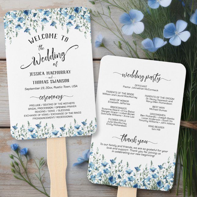 Rustic Dusty Blue Boho Wildflowers Wedding Program Hand Fan (Front/Back)