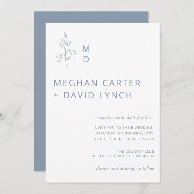 Rustic Dusty Blue Botanical Monogram Wedding  Invi Invitation (Front/Back)