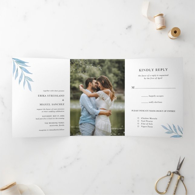 Rustic Dusty Blue Botanical Photo Elegant Wedding Tri-Fold Invitation (Inside)