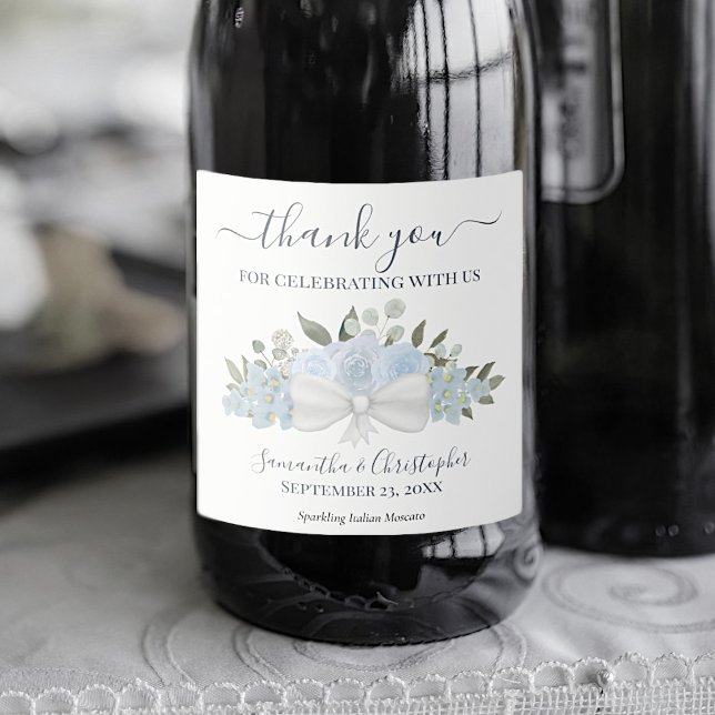 Rustic Dusty Blue Bouquet Boho Wedding Thank You Sparkling Wine Label (Creator Uploaded)