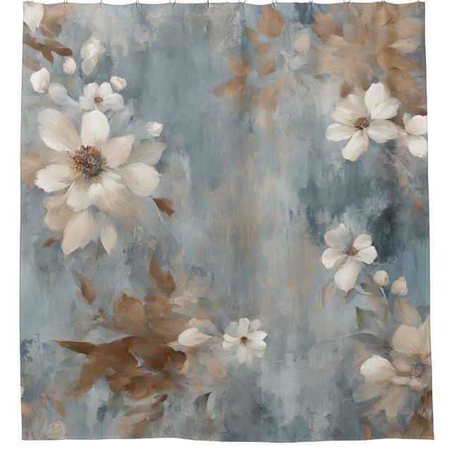 Rustic Dusty Blue Brown Cream Farmhouse Floral Shower Curtain (Front)
