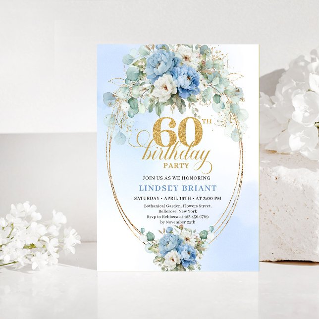 Rustic Dusty Blue Floral 60th Birthday Invitation (Rustic Dusty Blue Floral 60th Birthday Invitation)