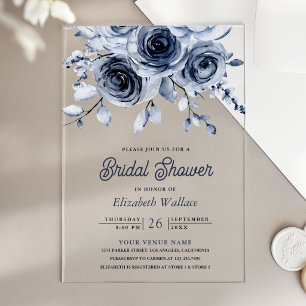 Rustic Dusty Blue Floral Bridal Shower Acrylic Invitations