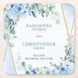 Rustic Dusty Blue Floral eucalyptus gold coasters<br><div class="desc">Enhance your wedding decor with romantic boho dusty blue flowers, eucalyptus greenery, and gold glitter frame coasters. The combination of soft blue hues, lush greenery, and sparkling gold accents creates a dreamy and elegant atmosphere. These coasters can add a touch of sophistication to your reception tables, making them a beautiful...</div>