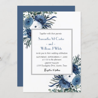 Rustic Dusty Blue Floral Eucalyptus Watercolor Invitation