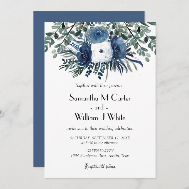 Rustic Dusty Blue Floral Eucalyptus Watercolor Invitation (Front/Back)