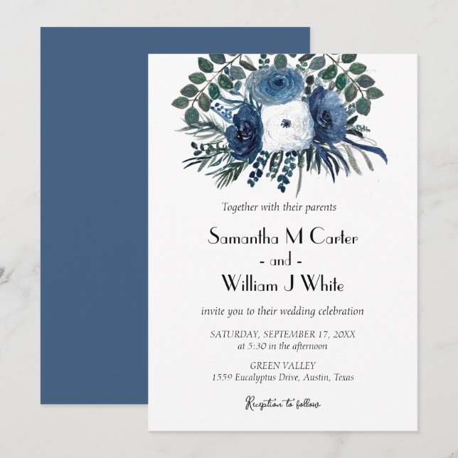 Rustic Dusty Blue Floral Eucalyptus Watercolor Invitation (Front/Back)