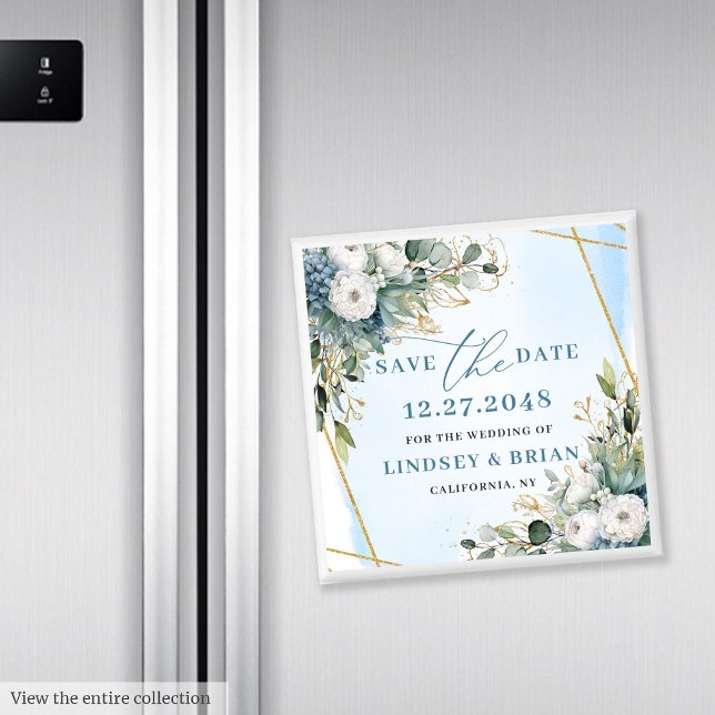 Rustic Dusty Blue Floral Gold Save The Date Magnet (Rustic Dusty Blue Floral Gold Save The Date Magnet

)
