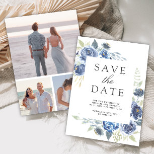 Rustic Dusty Blue Floral Photo Collage Wedding Save The Date