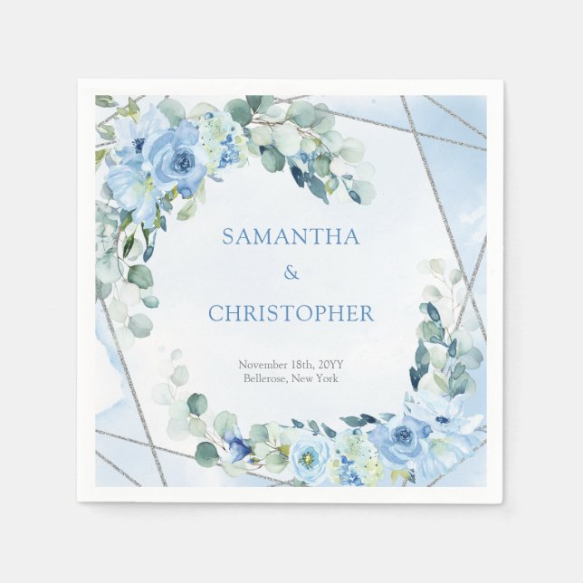 Rustic Dusty Blue Floral silver frame Wedding  Napkin (Front)