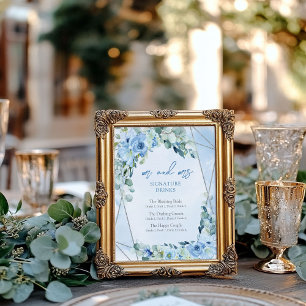 Rustic Dusty Blue Floral silver signature drinks Poster