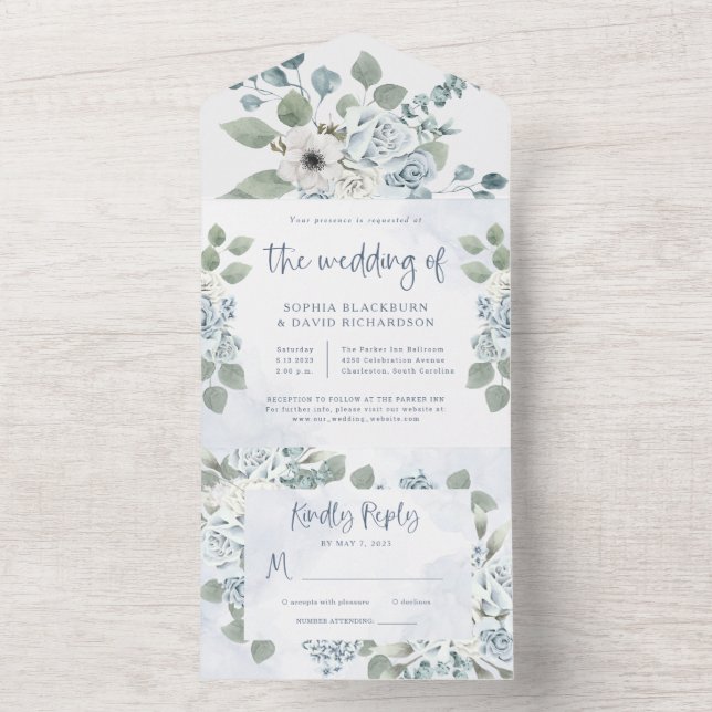 Rustic Dusty Blue Floral | Watercolor Wedding All In One Invitation (Inside)