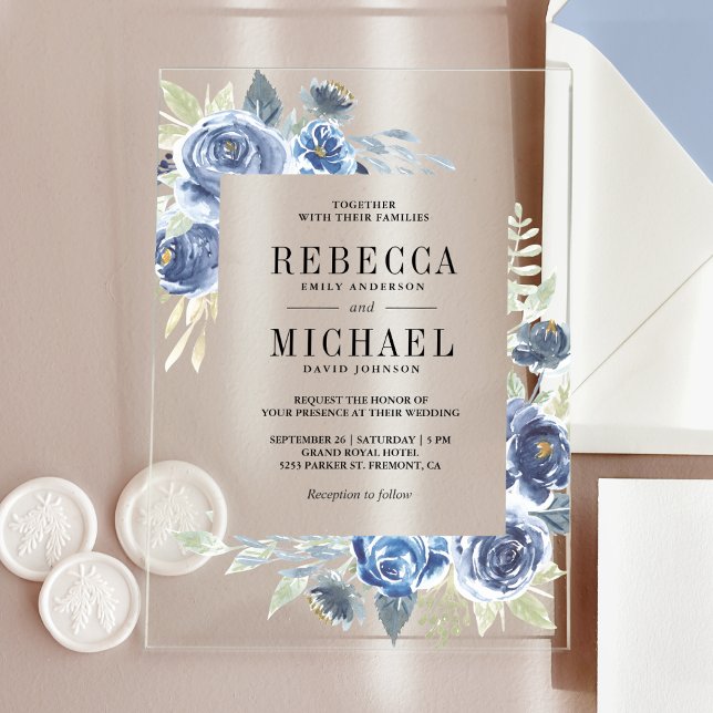 Rustic Dusty Blue Floral Wedding Acrylic Invitations (Creator Uploaded)