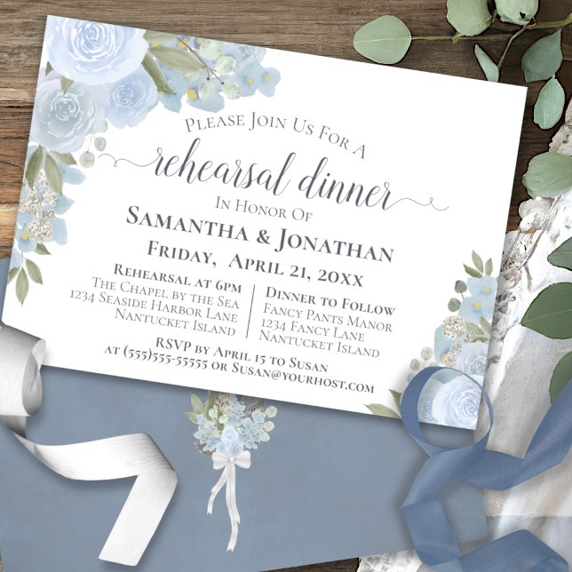 Rustic Dusty Blue Floral Wedding Rehearsal Dinner Invitation (Front/Back)