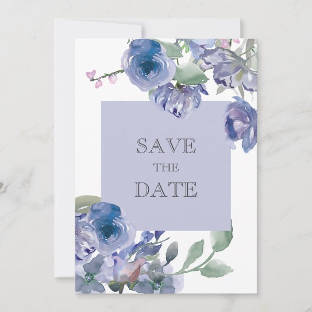 Rustic Dusty Blue Floral Wedding  Save The Date (Front)