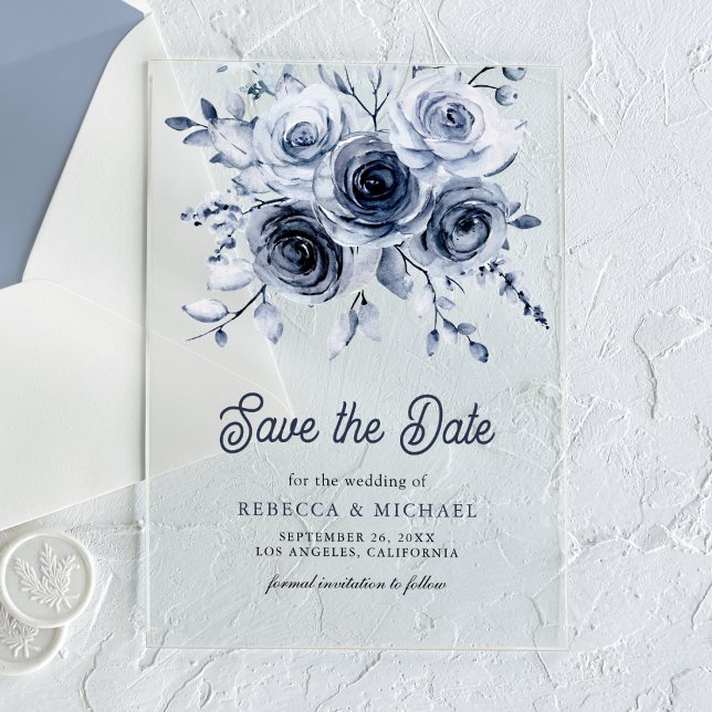 Rustic Dusty Blue Floral Wedding Save the Date Acrylic Invitations (Creator Uploaded)