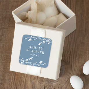 Rustic Dusty Blue Floral Wildflower Wedding Favour Square Sticker