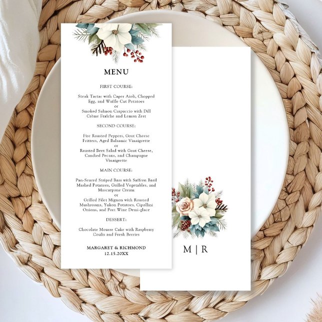 Rustic Dusty Blue Floral Winter Wedding Menu (Creator Uploaded)