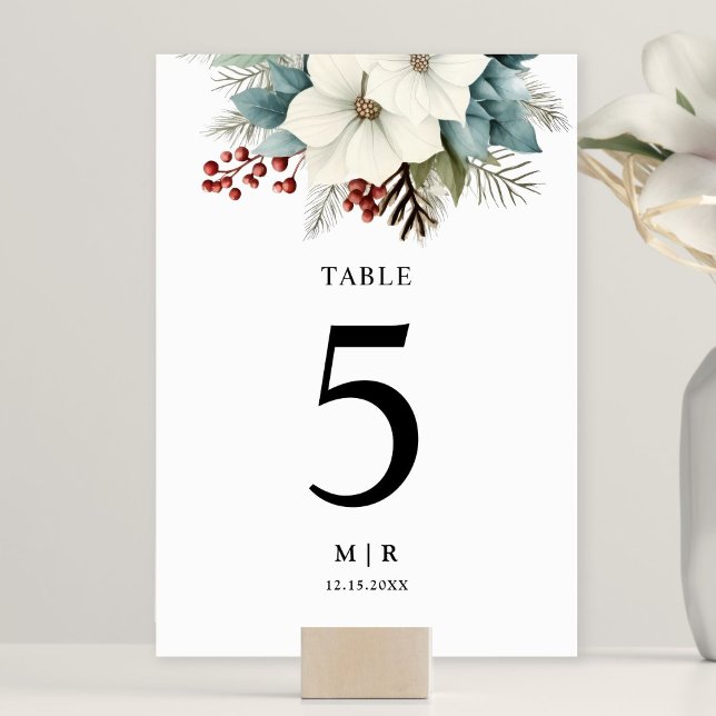 Rustic Dusty Blue Floral Winter Wedding Table Number (Creator Uploaded)