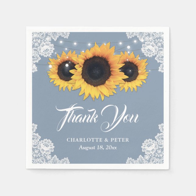 Rustic Dusty Blue Lace Sunflower Wedding Napkin (Front)