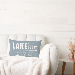 Rustic Dusty Blue Lake Life Personalised Lumbar Cushion
