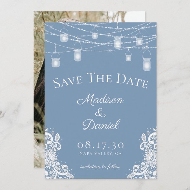 Rustic Dusty Blue Lights Photo Wedding Save The Date (Front/Back)