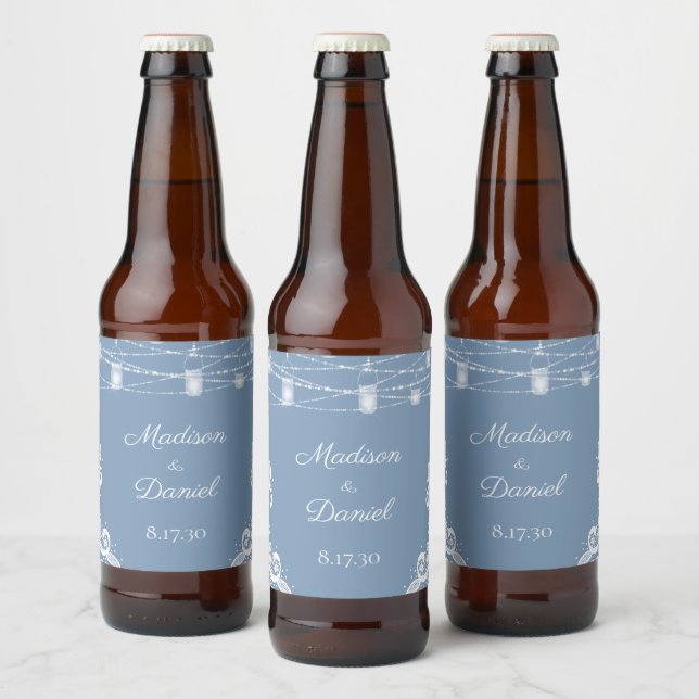 Rustic Dusty Blue Lights Wedding Beer Bottle Label (Bottles)