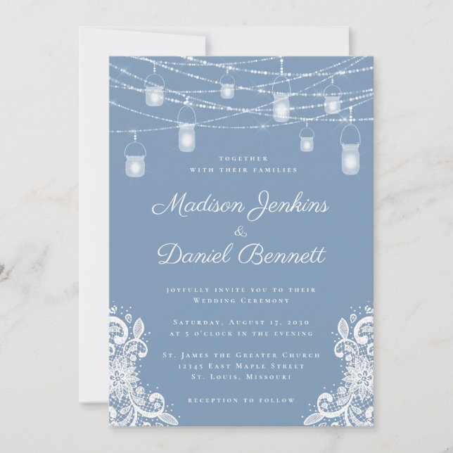 Rustic Dusty Blue Lights Wedding Invitation (Front)