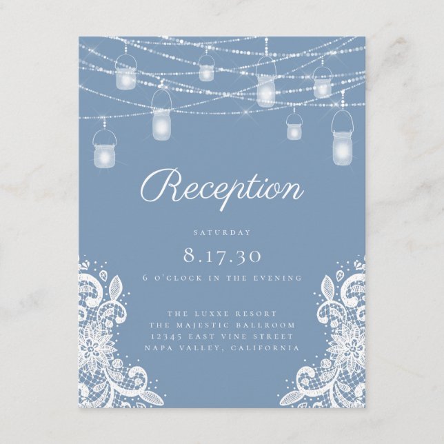 Rustic Dusty Blue Lights Wedding Reception Enclosure Card (Front)