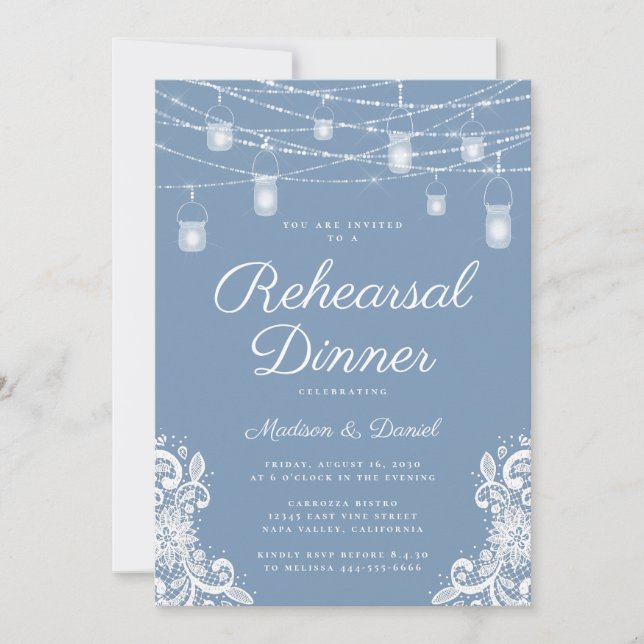 Rustic Dusty Blue Lights Wedding Rehearsal Dinner Invitation (Front)