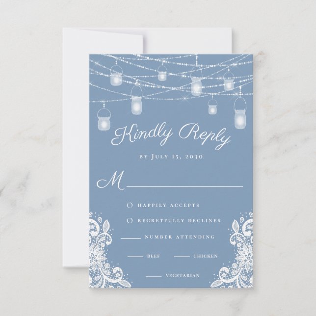 Rustic Dusty Blue Lights Wedding RSVP Card (Front)
