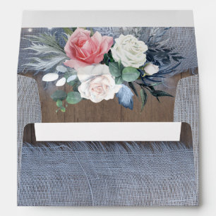 Rustic Dusty Blue Linen Wood Floral Wedding Envelope