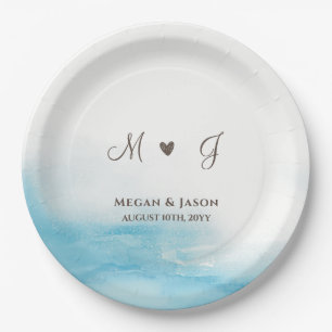 Rustic Dusty Blue Monogrammed Custom Wedding  Paper Plate