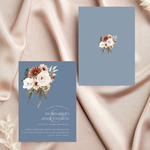 Rustic Dusty Blue Peach Floral Wedding Invitation