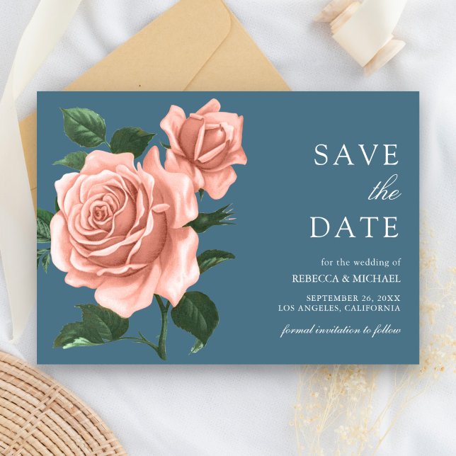 Rustic Dusty Blue Peach Roses Wedding Save The Date (Creator Uploaded)