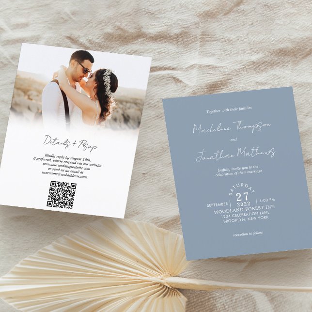 Rustic Dusty Blue Photo Budget Wedding QR Code (Creator Uploaded)