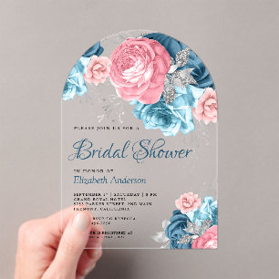 Rustic Dusty Blue Pink Floral Rose Bridal Shower Acrylic Invitations