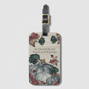 Rustic Dusty Blue Pumpkin Fall Leaves Grey Wood Lu Luggage Tag